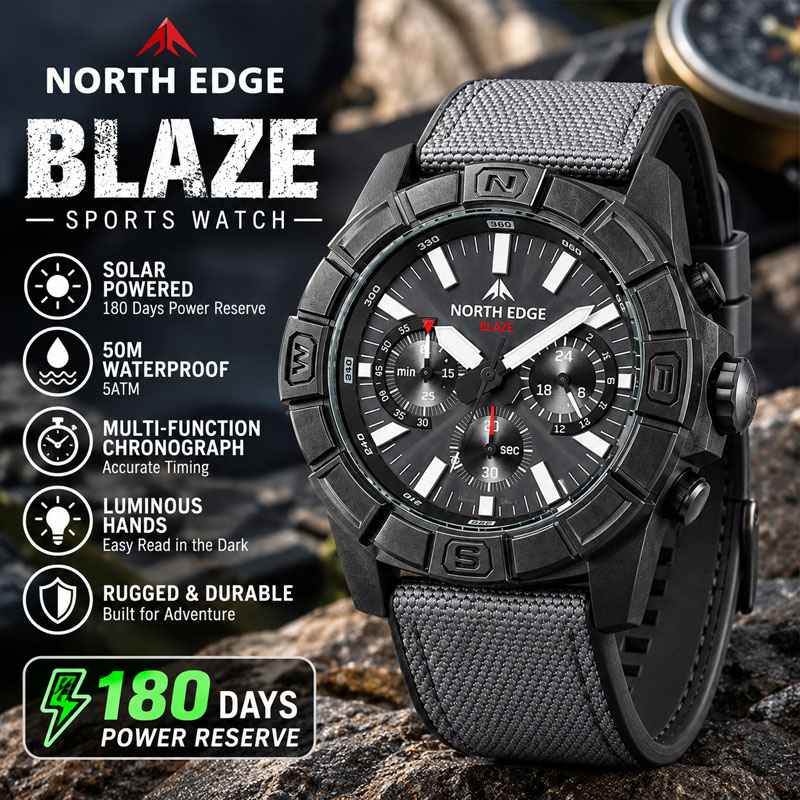 Sapphire Crystal Display - NORTH EDGE BLAZE Men's Watches Solar