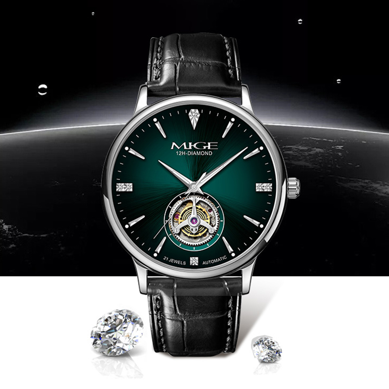 Luxury Watch With Green Dial - MIGE Thin Mens Open Heart Auto
