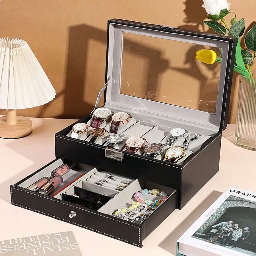 12-Slot Watch Box with Drawer, - Luxury Watch Box 评论和价格