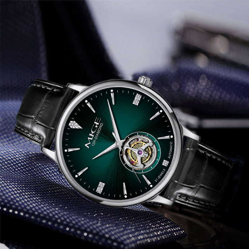 MIGE Thin Mens Open Heart Auto - Luxury Watch With Green Dial 评论和价格