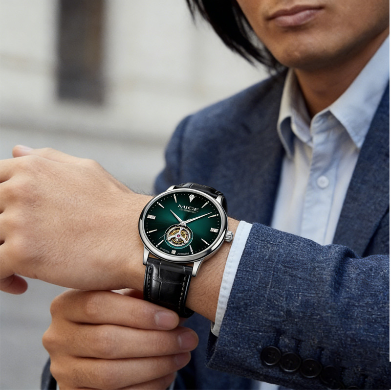 MIGE Thin Mens Open Heart Auto - Luxury Watch With Green Dial 评论和价格