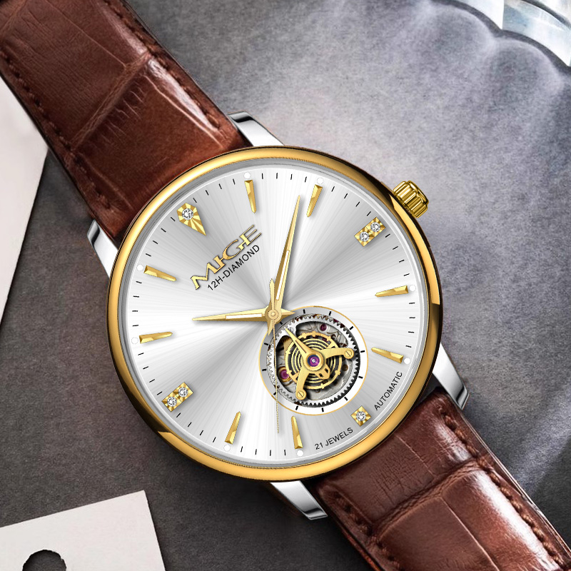 MIGE Thin Mens Open Heart Auto - Luxury Watch With Green Dial 评论和价格